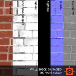 PBR substance material of wall brick damaged created in substance designer for graphic designers and game developers.